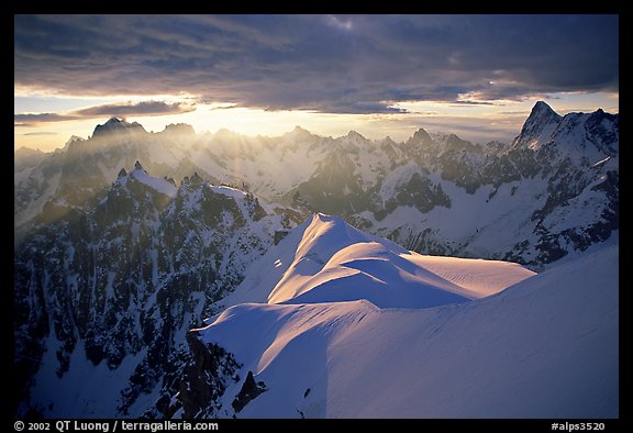 Aiguilles de Chamonix, Courtes-Verte ridge, and Grandes Jorasses seen from Aiguille du Midi. Alps, France