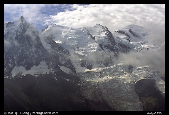 Aiguille du Midi, Tacul, Mt Maudit, and Mt Blanc, Alps, France.  (color)