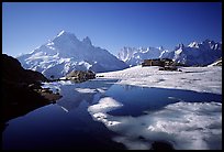 Mountain hut at Lac Blanc and Mont-Blanc range, Alps, France.