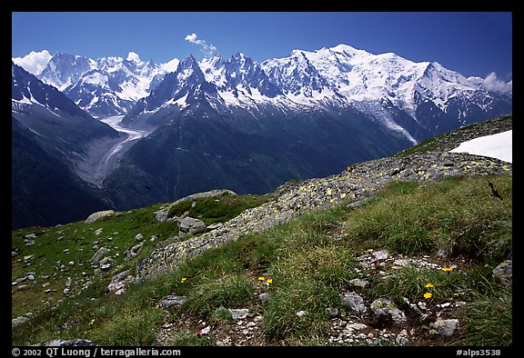 Mont Blanc range seen from the Aiguilles routes, Alps, France.