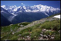 Mont Blanc range seen from the Aiguilles routes, Alps, France.