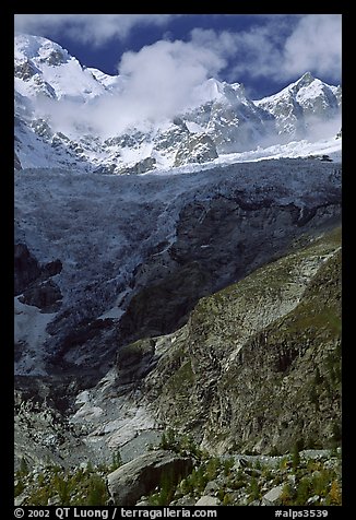 Looking up the Brenva Glacier,  Mont-Blanc range, Alps, Italy.  (color)