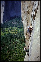 Valerio Folco leaving  the belay. El Capitan, Yosemite, California