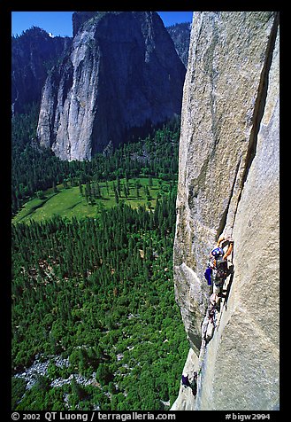 Valerio Folco leading the third pitch. El Capitan, Yosemite, California (color)