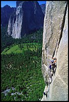 Valerio Folco leading the third pitch. El Capitan, Yosemite, California (color)