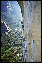 Valerio Folco at the belay, Tom McMillan cleaning the crux pitch. El Capitan, Yosemite, California