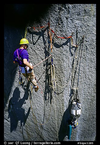 Lonely belay. El Capitan, Yosemite, California (color)