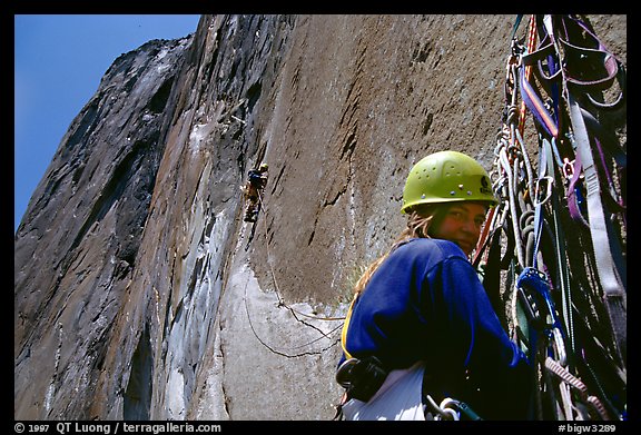 The belayer can relax once the rivet ladder is reached. El Capitan, Yosemite, California (color)