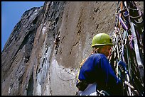 The belayer can relax once the rivet ladder is reached. El Capitan, Yosemite, California