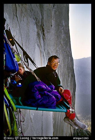 Waking up on the portaledge. El Capitan, Yosemite, California (color)