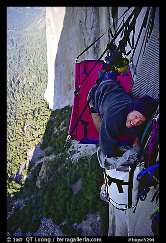 Looking for breakfast on the portaledge. El Capitan, Yosemite, California