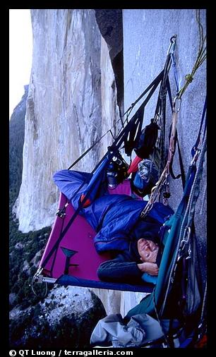 Waking up on the portaledge. El Capitan, Yosemite, California