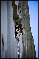 Climbing Zodiac in the shade. El Capitan, Yosemite, California (color)