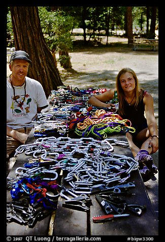 Sorting big wall gear used to climb Zodiac. El Capitan, Yosemite, California