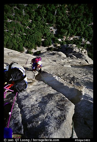 After two traverses, the wide Stoveleg Cracks. El Capitan, Yosemite, California