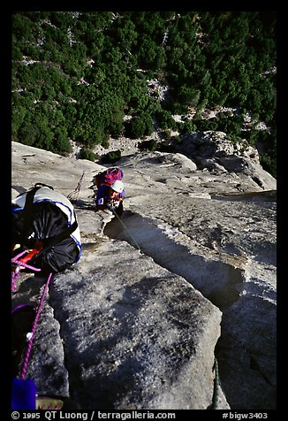 After two traverses, the wide Stoveleg Cracks. El Capitan, Yosemite, California (color)