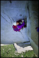 Frank follows the glowering spot pitch above Camp 5.. El Capitan, Yosemite, California (color)