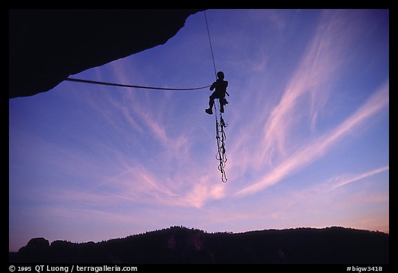 Rapping down the roof pitch. El Capitan, Yosemite, California