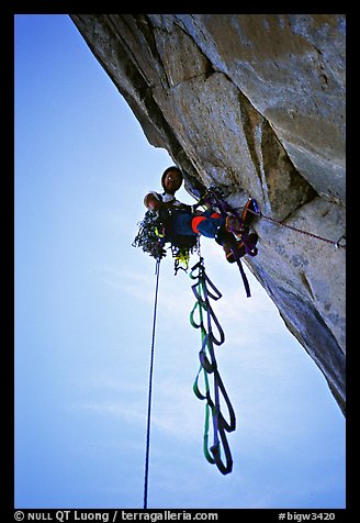 Leading the Shield slab, still overhanging. El Capitan, Yosemite, California (color)