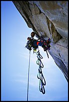 Leading the Shield slab, still overhanging. El Capitan, Yosemite, California (color)