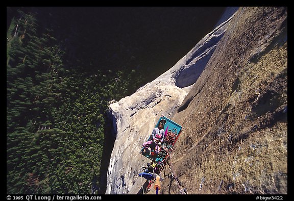 Belaying the Triple Cracks, the crux of the route. El Capitan, Yosemite, California (color)