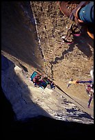 Climbing  the Triple Cracks, the crux of the route. El Capitan, Yosemite, California