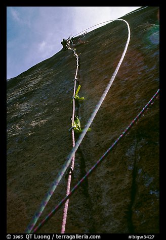 Leading the next pitch, a thin crack in the middle of nowhere. El Capitan, Yosemite, California (color)