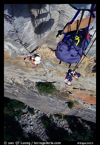 Starting the West Face of the Leaning Tower. Leaning Tower, Yosemite, California (color)