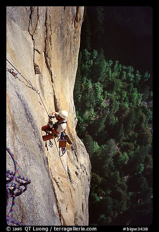 The two next traversing pitches beeing cleaned. Leaning Tower, Yosemite, California (color)