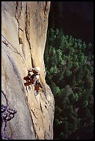 The two next traversing pitches beeing cleaned. Leaning Tower, Yosemite, California (color)
