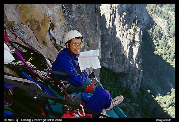 Tuan proofs a scientific paper. Leaning Tower, Yosemite, California