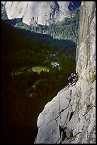 Above Tapir ledge, the route is no longer steep. Washington Column, Yosemite, California