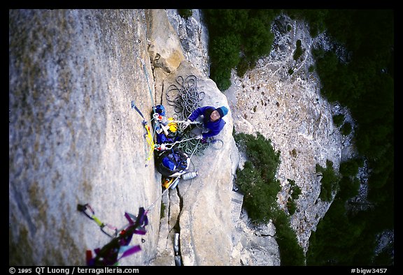 Belaying from Anchorage ledge. Washington Column, Yosemite, California (color)