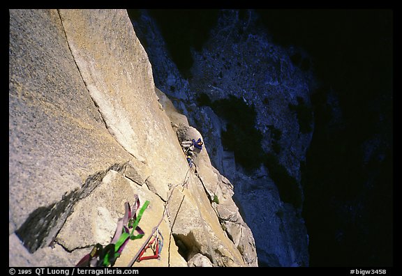 Belaying from Anchorage ledge. Washington Column, Yosemite, California (color)