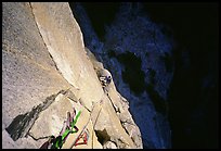 Belaying from Anchorage ledge. Washington Column, Yosemite, California