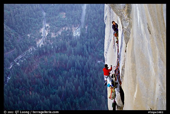 Tom McMillan leaves the belay on the last pitch. El Capitan, Yosemite, California (color)