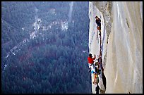 Tom McMillan leaves the belay on the last pitch. El Capitan, Yosemite, California (color)