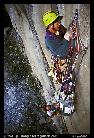 Traffic jam on the fixed pitches. El Capitan, Yosemite, California (color)