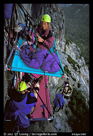 Crowded portaledge camp. El Capitan, Yosemite, California (color)