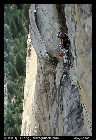 Valerio Folco leads the long and complex crux pitch, taking more than half a day. El Capitan, Yosemite, California