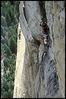 Valerio Folco leads the long and complex crux pitch, taking more than half a day. El Capitan, Yosemite, California (color)