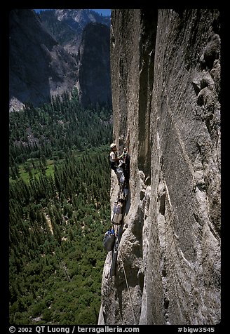 Belay on the third pitch of Mescalito, El Capitan. Yosemite, California (color)