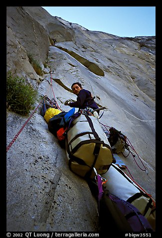 Valerio Folco belaying Tom McMillan. El Capitan, Yosemite, California (color)