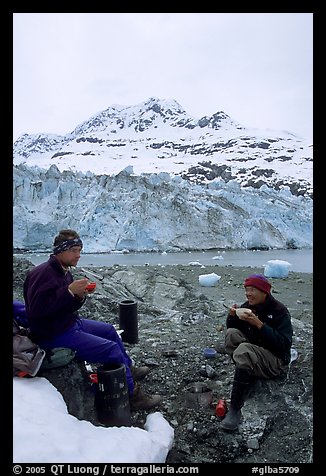 Eating breakfast in front of Lamplugh Glacier. Glacier Bay National Park, Alaska