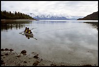 Kayakers paddle a double kayak in Hugh Miller Inlet. Glacier Bay National Park, Alaska (color)