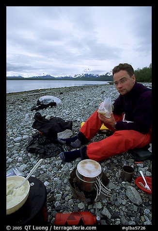 Eating on the shores of Muir Inlet. Glacier Bay National Park, Alaska (color)