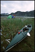 Camp on the flats near McBride Glacier with kayak parked nearby. Glacier Bay National Park, Alaska (color)