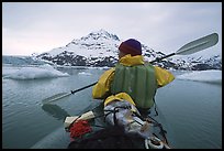 Kayaker paddling amongst icebergs near John Hopkins Inlet. Glacier Bay National Park, Alaska ( color)