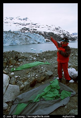 Setting up a tent in front of Lamplugh Glacier. Glacier Bay National Park, Alaska