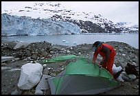 Setting up a tent in front of Lamplugh Glacier. Glacier Bay National Park, Alaska ( color)